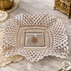 Cut Glass Square Candy Dish Diamond Point Sunburst Crystal Bowl Vintage